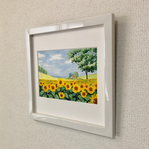 ひまわり畑04」透明水彩画 原画 風景画 額縁付 2Lサイズ 絵画 ひまわり畑04」透明水彩画 原画 風景画 額縁付 2Lサイズ 絵画