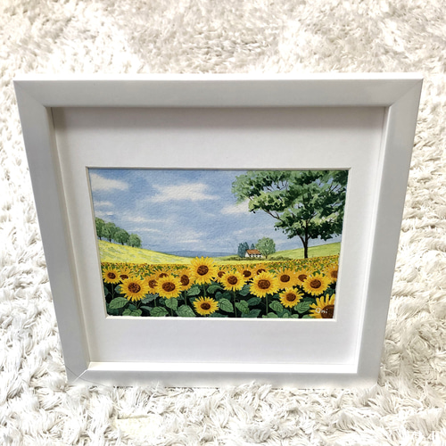 ひまわり畑04」透明水彩画 原画 風景画 額縁付 2Lサイズ 絵画 ひまわり畑04」透明水彩画 原画 風景画 額縁付 2Lサイズ 絵画