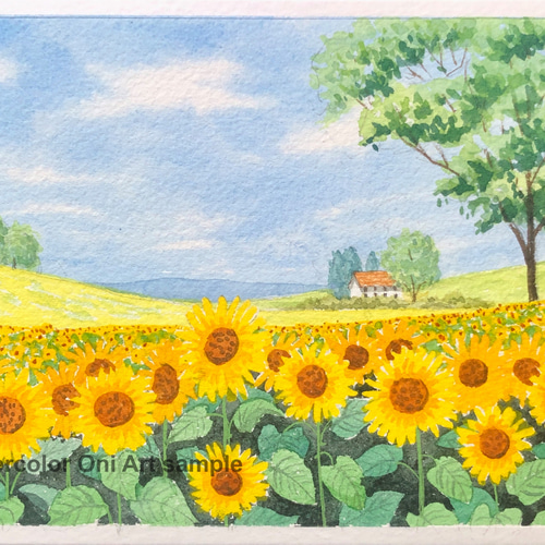 ひまわり畑04」透明水彩画 原画 風景画 額縁付 2Lサイズ 絵画 ひまわり畑04」透明水彩画 原画 風景画 額縁付 2Lサイズ 絵画