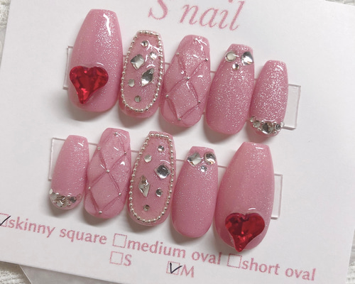 現品 ネイルチップ ピンク 赤 キルティング マグネットネイル 韓国