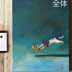 湖に小舟を浮かべるミケ(アクリル絵の具による猫たち) 2枚目の画像