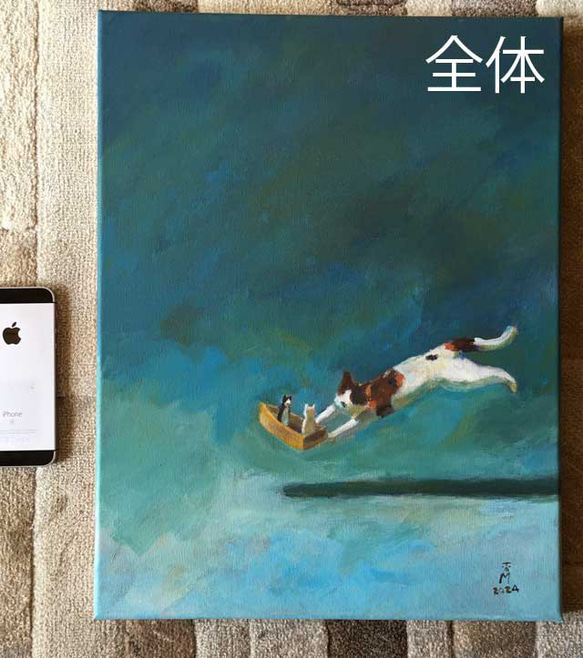 湖に小舟を浮かべるミケ(アクリル絵の具による猫たち) 2枚目の画像