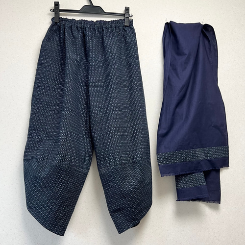 着物リメイク　絣サルエルパンツ 書生絣サルエルパンツ＋ストール＋インナー裏地付き＊着物