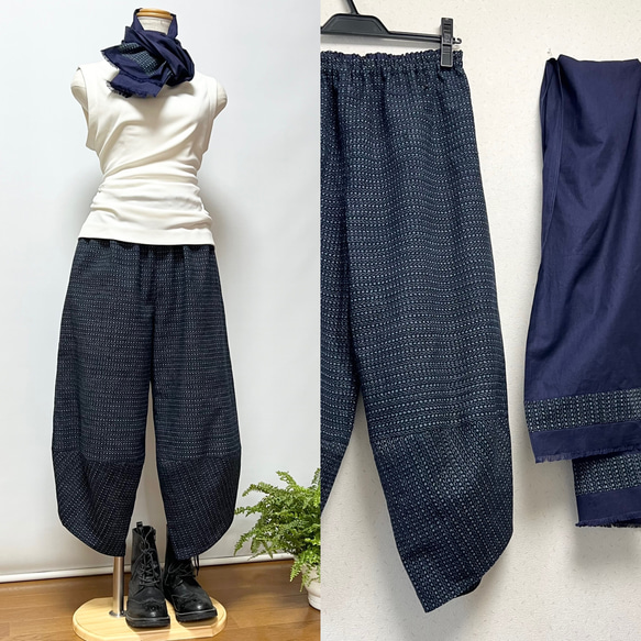 サルエルパンツ✿総丈93㎝✿着物✿紬✿絣✿黒留袖✿和モダン（着物リメイク） 久留米絣サルエルパンツ＋ストール＊着物リメイク キュロット