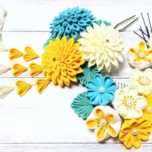 つまみ細工の髪飾り 8点セット【山吹色・青緑・クリーム色】 かんざし