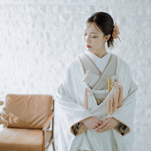 新作】花嫁 ブライダル 絞り風 鹿の子柄 くすみカフェオレ系色掛下小物