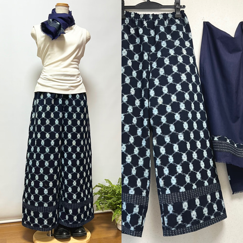 早割 リフト券 久留米絣ワイドパンツ＋ストール＊綿裏地付き＊着物リメイク パンツ