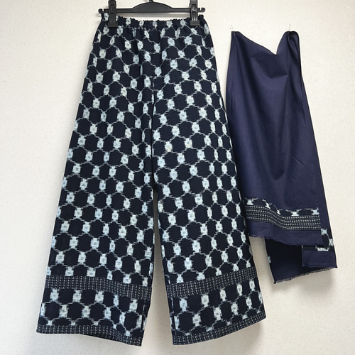 久留米絣ワイドパンツ＋ストール＊綿裏地付き＊着物リメイク