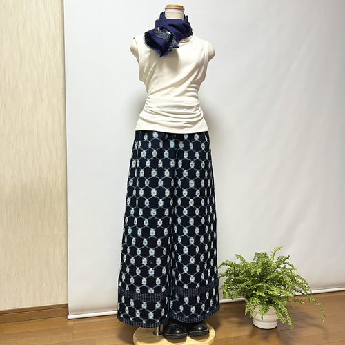 久留米絣ワイドパンツ＋ストール＊綿裏地付き＊着物リメイク