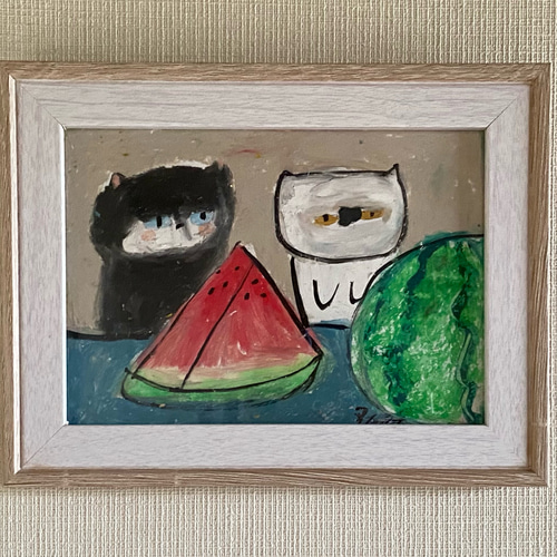 売れ筋・人気アイテム 商品 絵画。原画【夏が来ました。 猫ちゃんたちはスイカを食べる 絵画+タペストリー
