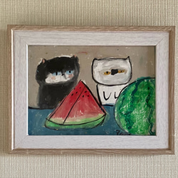 絵画。原画手描【かわいい猫ちゃんたちは美しい青い花の鉢植えをもらって嬉しかった】 絵画。原画手描【かわいい猫ちゃんたちは美しい青い花の鉢植えを