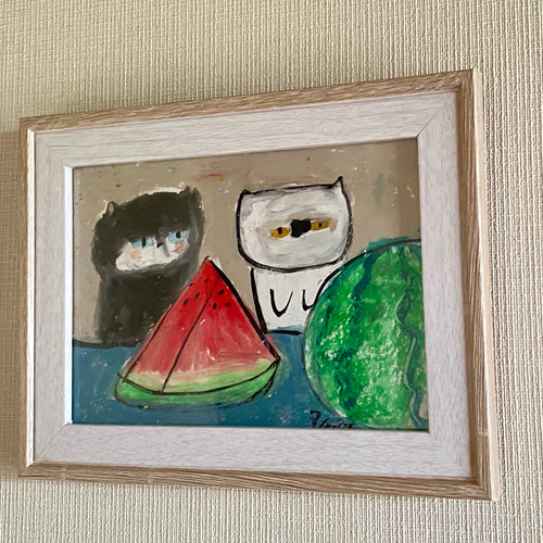 絵画。原画【旅行で休暇中、水泳に行く予定の猫ちゃん】 絵画。原画【夏が来ました。 猫ちゃんたちはスイカを食べる