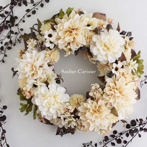 ☆ダリア＆コスモス リース アンティークホワイト＜アーティフィシャル  