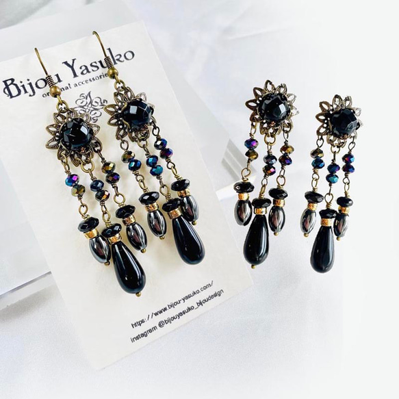 揺れる オニキス ピアス・イヤリング 黒 天然石 フラワー ゆれる ロング ピアス・イヤリング アンティーク 3枚目の画像