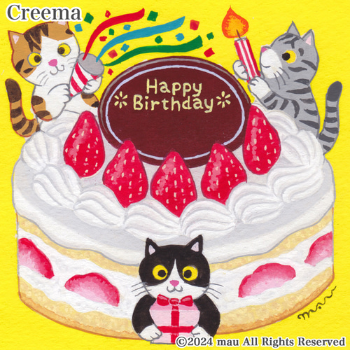 原画「三匹の猫〜バースデーケーキでかくれんぼ A」ふしぎなねこの