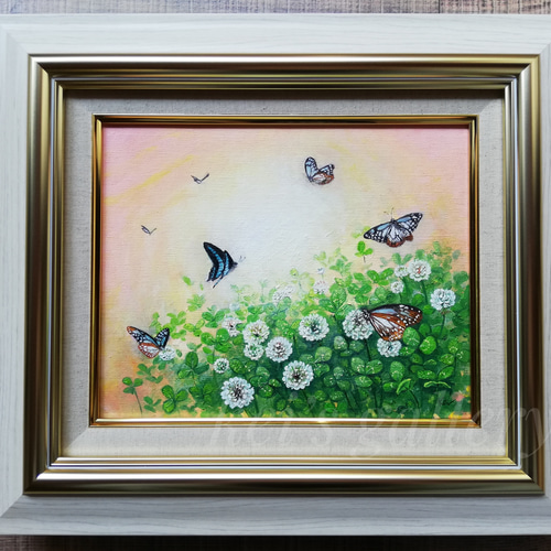 アサギマダラとクローバー(額縁付き、油絵原画) 絵画 kei 通販