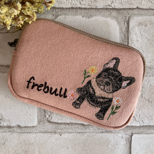 フレンチブルドッグ刺繍❀✿❀帆布生地コインケース／ミニポーチ