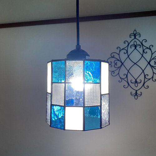 ステンドグラス照明ブルー系 ブルー系ペンダントライト♢ステンドグラス シーリングライト