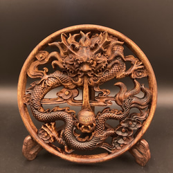 威龍戯珠 21.8cm アンティーク調（龍・竜・雲) 参次元彫刻『雅