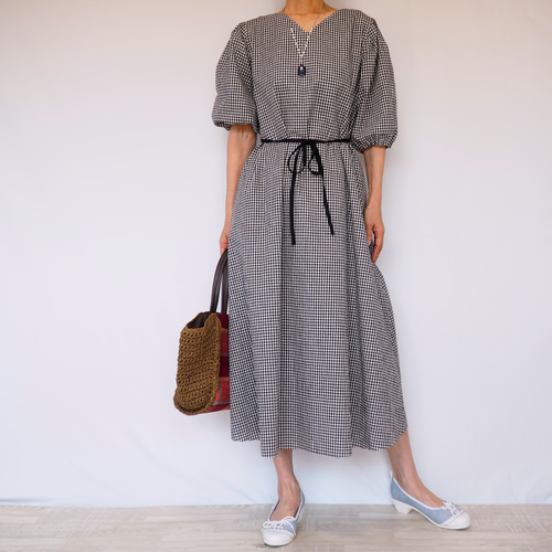 ギンガムチェック Aラインワンピース バルーンスリーブ コットンリネン