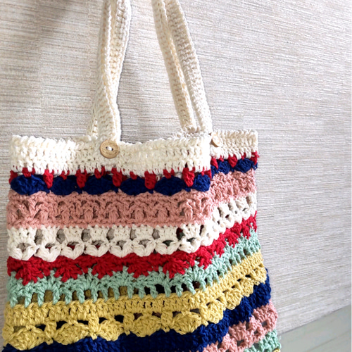 送料込み》気まぐれ編みカラフルコットンバッグ トートバッグ はりえっ