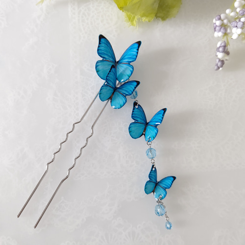 オーダーのお品】モルフォ蝶(新色) スワロフスキー 簪(かんざし) 青い  