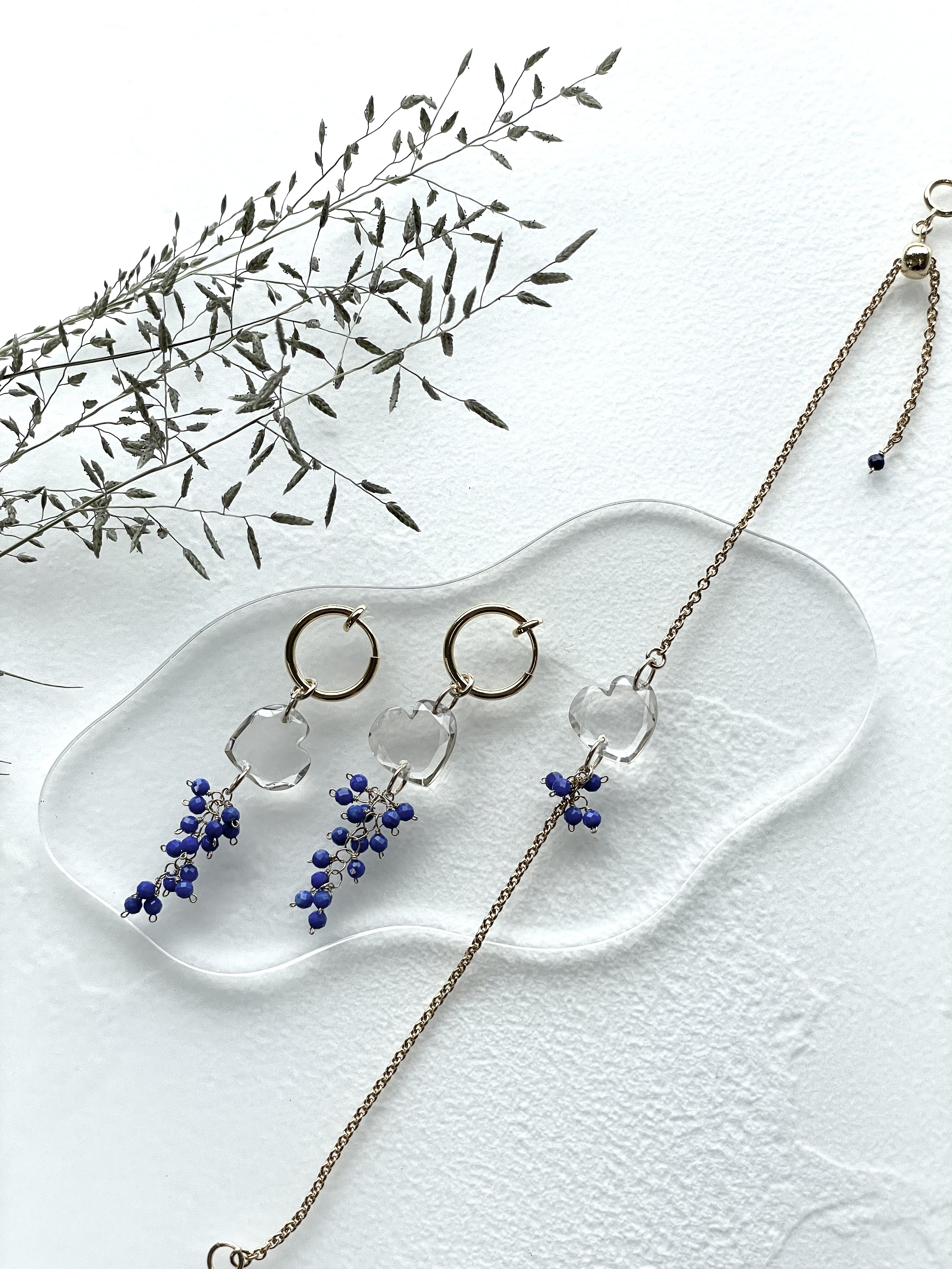 creema限定福袋　ピアスブレスレットのセット　クリアなハート　ギフト　選べるカラー金具　透明感　14kgf