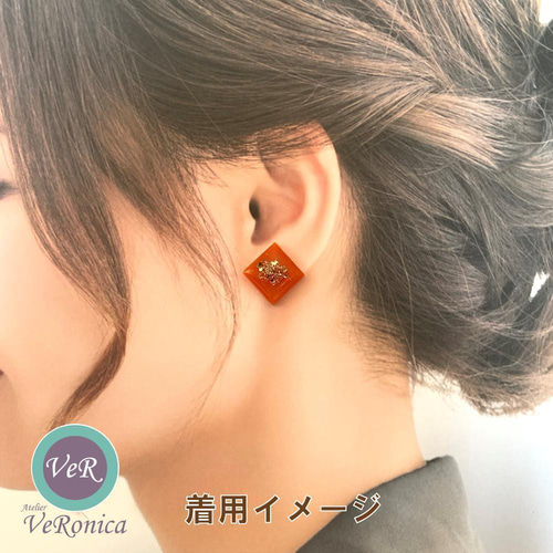 オレンジ3種ピアス ハンドメイド レジン イヤリング スクエア