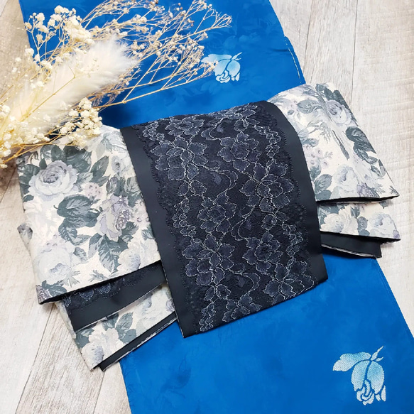 送料無料の商品 半幅帯】黒バラのレースと黒薔薇/黒 レース モノクロ グレー 着物・浴衣