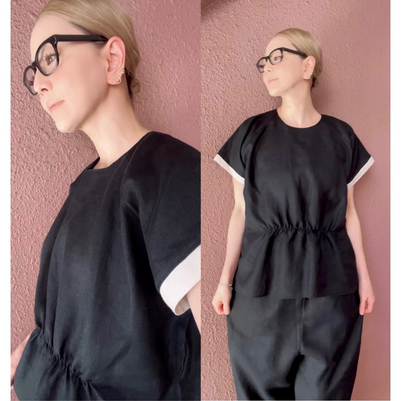 寬鬆的輪廓❤️適合成熟女性的亞麻上衣❤️100％優質亞麻❤️黑色×象牙色❤️也非常適合作為套裝 第1張的照片