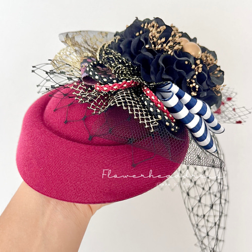 成人式・卒業式に✿】大正ロマンのトーク帽（濃赤茶×黒）トーク帽