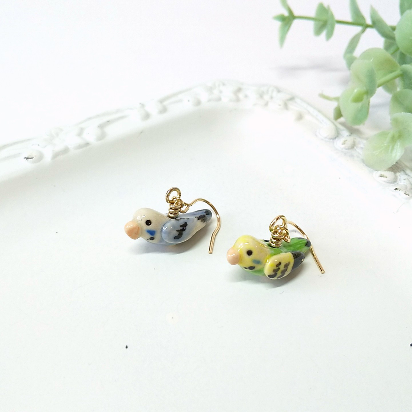 セキセイインコのピアス グリーン&ブルー ／14kgf