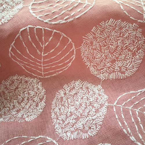 s14-p▽コットンリネン刺繡生地▽リーフ柄 白葉 ピンク 薄手 サークル