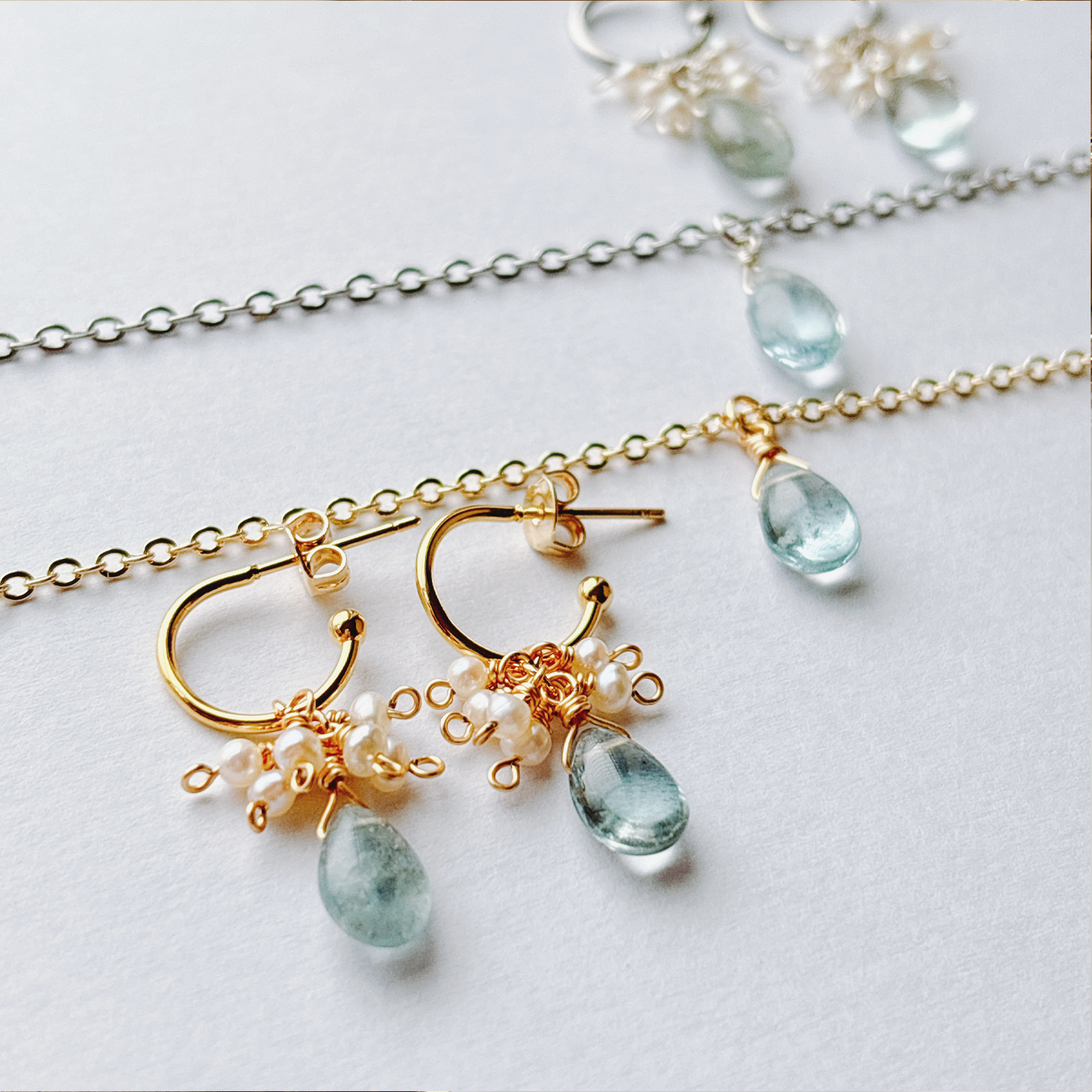 【Creema限定 夏の福袋】モスアクアマリン×淡水パール 2点セット / ピアス (イヤリング) ＆ ネックレス