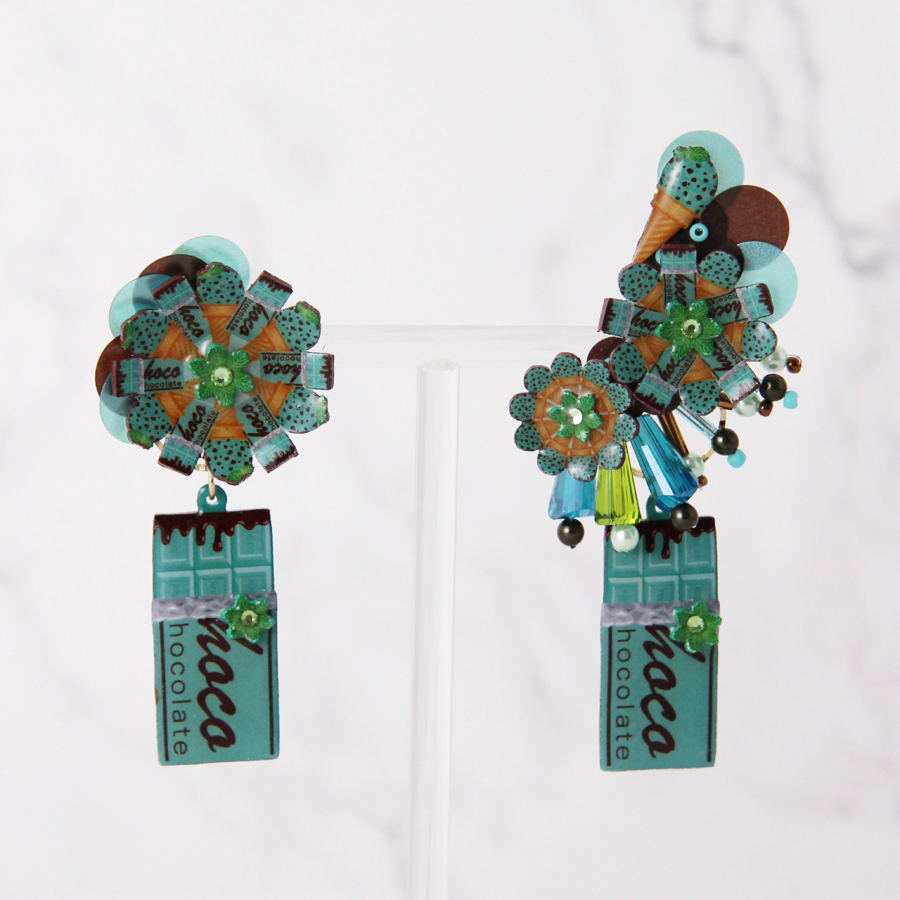 チョコミントの個性的ピアス／イヤリング (チョコが外せる2way仕様)