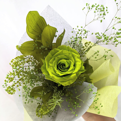 プリザーブドフラワー大輪の緑の薔薇とグリーンの緑づくしの花束（花束
