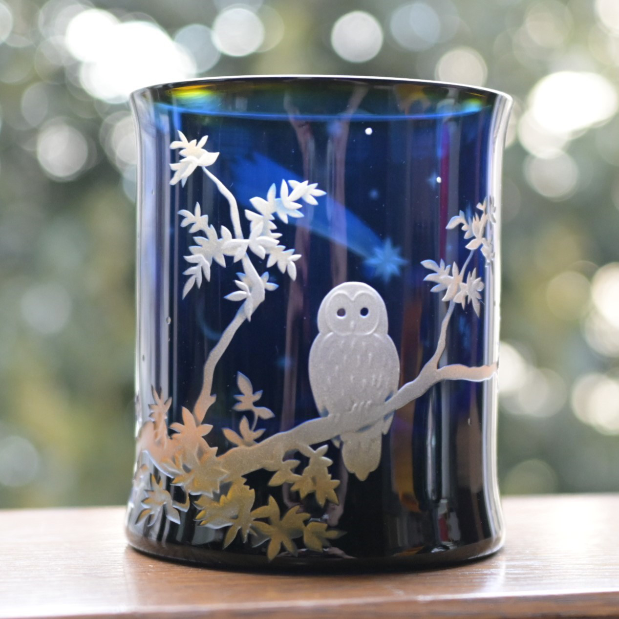 「流れ星｣　ふくろう　月　星　夜空　ロックグラス　サンドブラスト