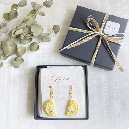 Lemon】レモン刺繍ピアス/イヤリング フルーツモチーフ ピアス（フック
