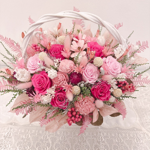 花籠 ( ピンク ) 1個 豪華 華やかな パステルピンク 花籠 ✽喜ばれる フラワーバスケット