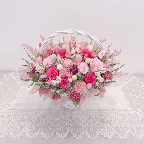 オーダー作品】 豪華 華やかパステルピンク花籠✽ バスケット 花かご