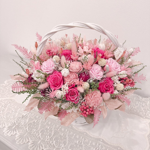 花籠 ( ピンク ) 1個 オーダー作品】 豪華 華やかパステルピンク花籠✽ バスケット 花かご