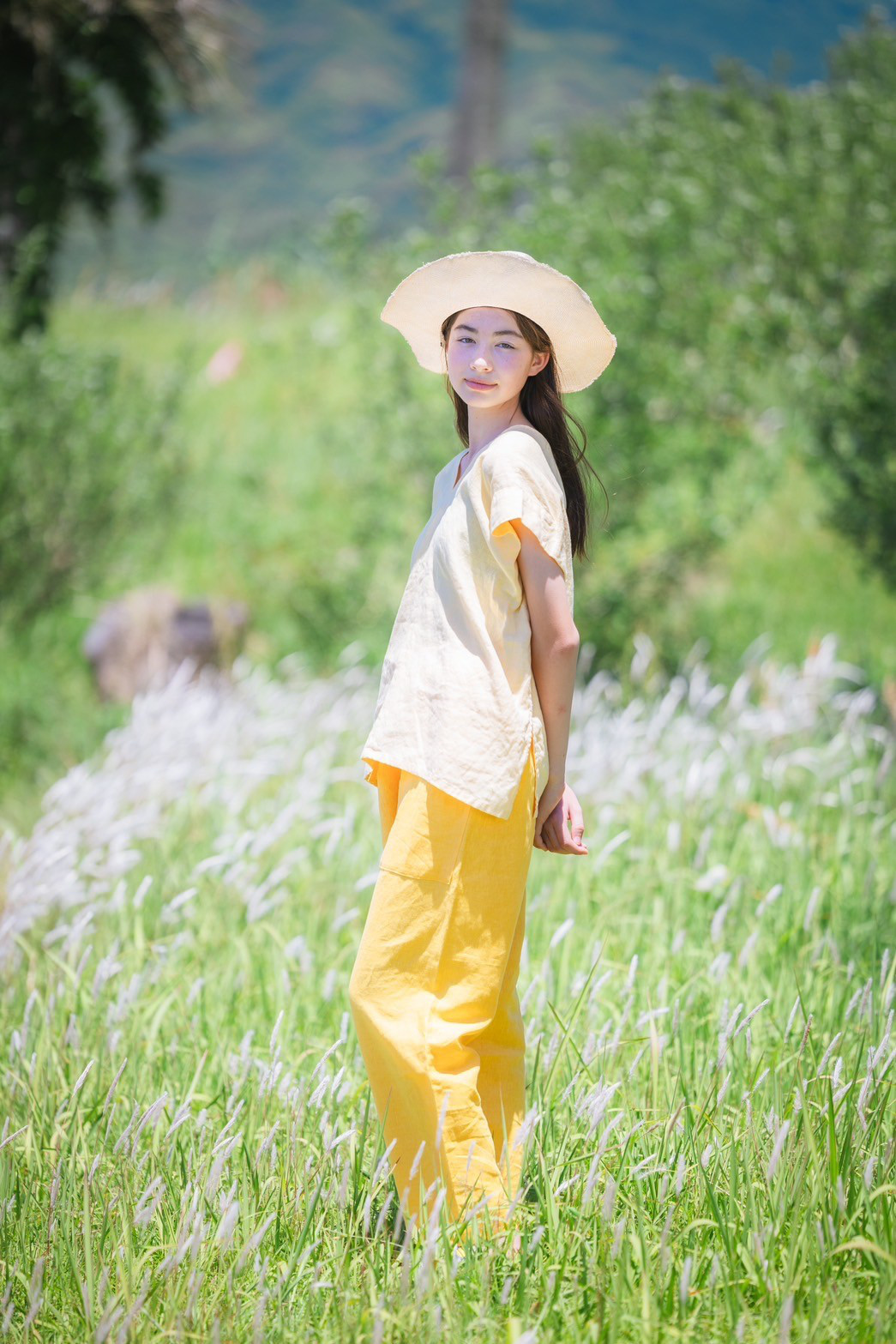 SALE【即納】ビーチシャツ　貫頭衣　リネンカレンシャツ　クリームイエロー