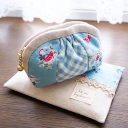 SOLD◇ハンドメイド ポーチ 松山敦子 レトロ パッチワーク 柄 水色