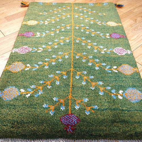 ペルシャ ギャッベ ミニマット 横41x39㎝ 深緑色 ライオン T8214