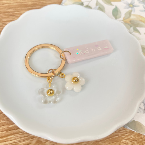 名入れ】カラフル ネームキーホルダー【ダブルフラワー】ネームタグ