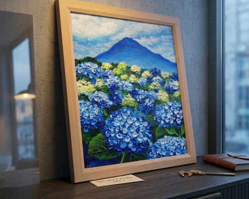油絵 絵画【青の情景 〜富士と紫陽花の咲く丘〜】油彩画 風景画