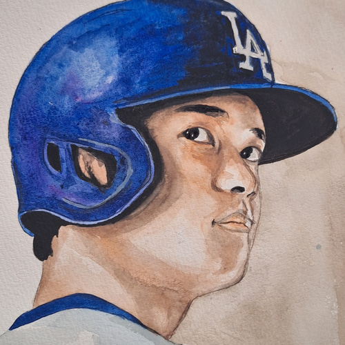 【真作保証】大谷翔平選手、水彩画、色紙、サイン「MIZ」有、新品額付 真作保証】、大谷翔平選手、似顔絵、色紙、水彩画、永久保存、銘