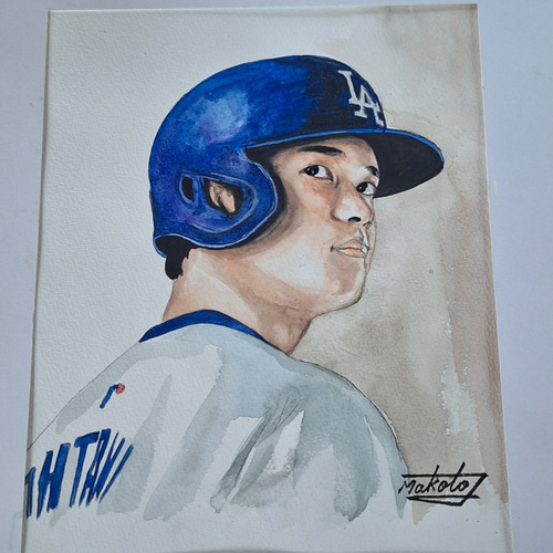 【真作保証】大谷翔平選手、水彩画、色紙、サイン「MIZ」有、新品額付 真作保証】、大谷翔平選手、似顔絵、色紙、水彩画、永久保存、銘