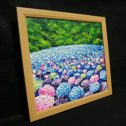 原画】雨雫が奏でる色彩のワルツ＊紫陽花（アジサイ）の油絵 絵画 額縁