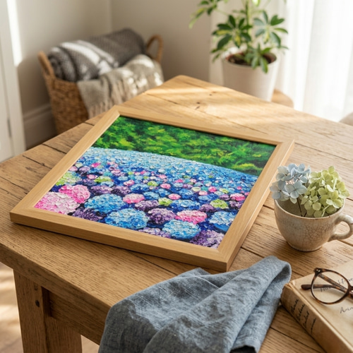原画】雨雫が奏でる色彩のワルツ＊紫陽花（アジサイ）の油絵 絵画 額縁